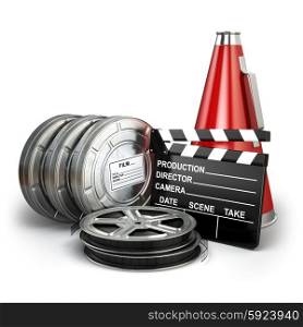 Video, movie, cinema vintage production concept. Reels, clapperboard and megaphone. 3d