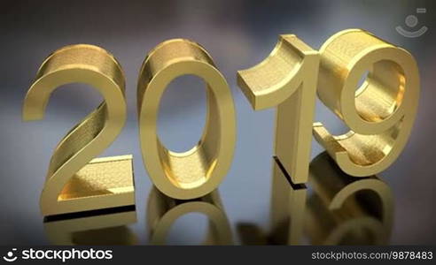 2019 New Year shining golden 3D animation on gray