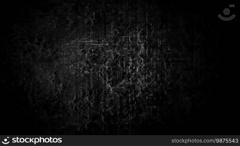 A computer-generated abstract black and white background with fast-moving stylized TV noise dots and scan lines, a dark and sinister ambiance