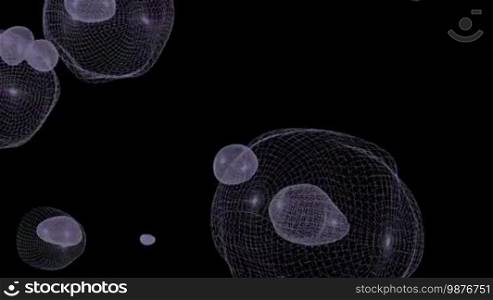 A computer-generated animation of flowing, floating globular shapes