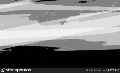 A computer-generated black and white background of horizontal moving lines with a ripped or torn paper effect and digital noise
