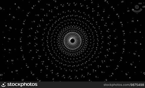 A computer-generated black and white background with a kaleidoscopic psychedelic circular pattern