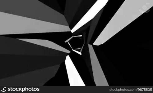A computer-generated black and white rotating background with irregular geometric shapes