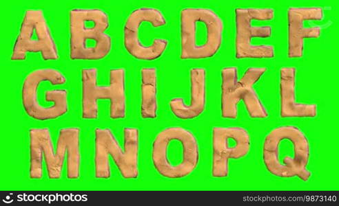 A loop-able animated font made in clay, with an animated clay texture background in the last 5 seconds. Includes capitals, lower case, numbers, and symbols. Crop out the letters you need, key out the green, loop them, and overlay over the clay texture for a fun, hand-made, claymation title graphic.