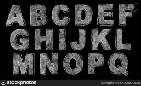 A loopable animated font drawn in chalk, with an animated chalkboard background in the last 5 seconds. Includes capitals, lowercase, numbers, punctuation, and symbols. Crop out the letters you need, loop them, and composite them over the background to create a realistic chalkboard title.