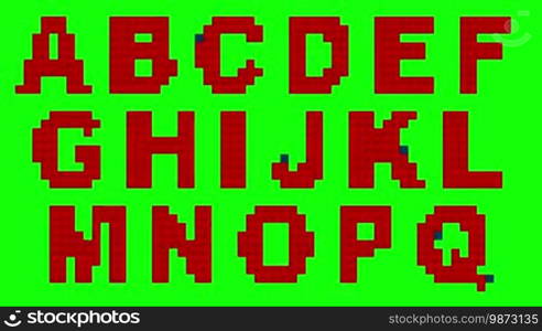 A loopable animated font made from building bricks (like LEGOs), with an animated building brick background in the last 5 seconds. Includes capitals, lowercase, numbers, and symbols. Crop out the letters you need, key out the green, and loop them as needed.