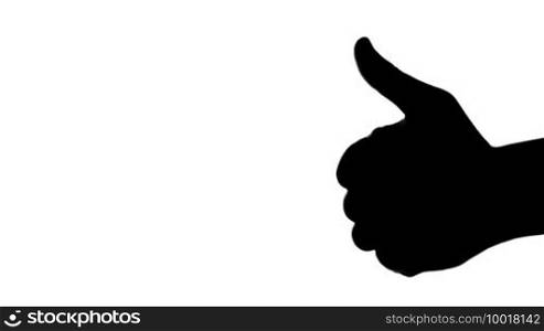 A silhouette of a man's hand giving a thumbs up on the right side of the frame isolated on a white background.