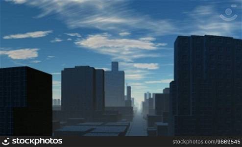 A typical modern city in the background. Direct street stretches to the horizon. At the end of the street light. Bright blue sky, white clouds slowly float. Camera flies swiftly along the street.