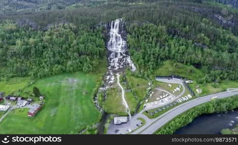 Aerial footage from Tvindefossen waterfall from the bird's-eye view, Norway