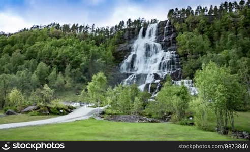 Aerial footage from Tvindefossen waterfall from the bird's-eye view, Norway