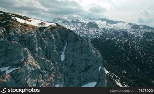 Aerial panoramic view of observation deck 5 Fingers in the mountains in Austria, Obertraun. In the background beautiful scenic nature