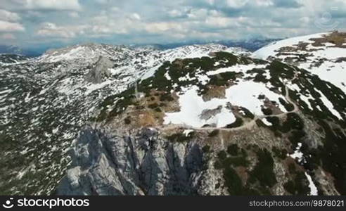 Aerial panoramic view of observation deck 5 Fingers in the mountains in Austria, Obertraun. In the background beautiful scenic nature