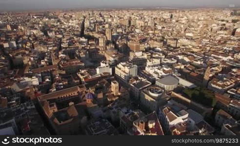 Aerial shot of Valencia city centre with its architecture and ancient cathedral. Spain, Europe