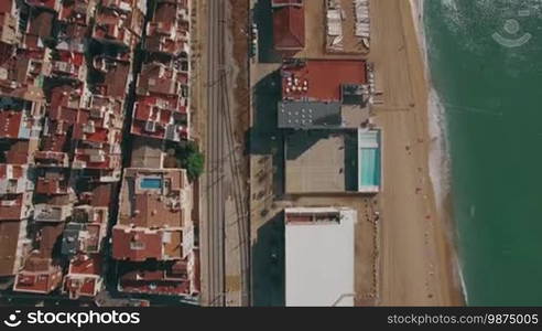 Aerial view of Barcelona coastline, Spain. Beach and houses along the sea