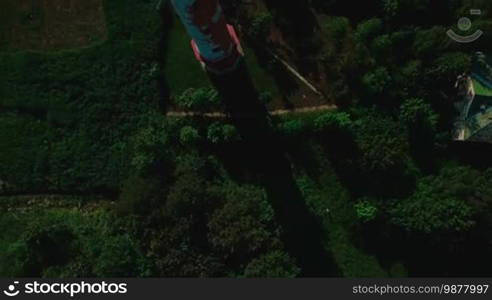 Aerial view of the old working lighthouse among the green grass and trees