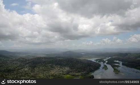 Aerial view of tropical rainforest on the shore of Gatun Lake along the Panama Canal route.