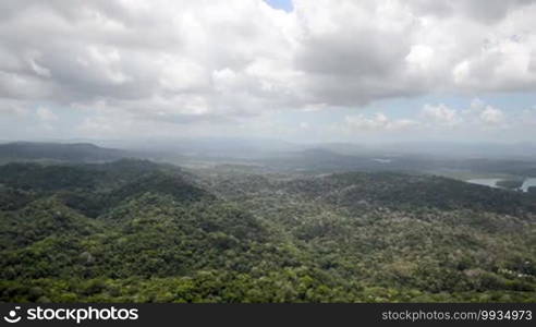 Aerial view of tropical rainforest on the shore of Gatun Lake along the Panama Canal route.