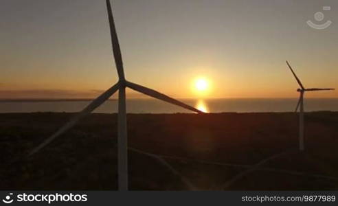 Aerial view of wind generators in the evening sky on the field. Wind generators rotate blades and extract electricity