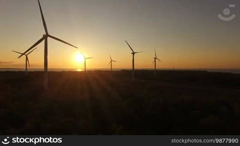 Aerial view of wind generators in the evening sky on the field. Wind generators rotate blades and extract electricity