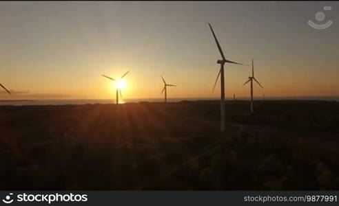 Aerial view of wind generators in the evening sky on the field. Wind generators rotate blades and extract electricity