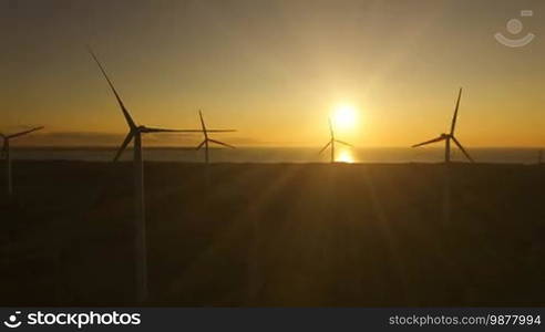 Aerial view of wind generators in the evening sky on the field. Wind generators rotate blades and extract electricity