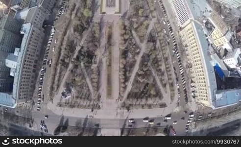 Aerial: View to the Square of Fallen Soldiers located in the center of Volgograd, Russia. There is eternal fire and memorial to World War II