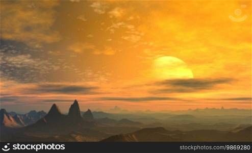 Against a mountain landscape, the main planet flies. The sky is filled with the yellow light of sunrise. Clouds float. On the horizon, there is fog.
