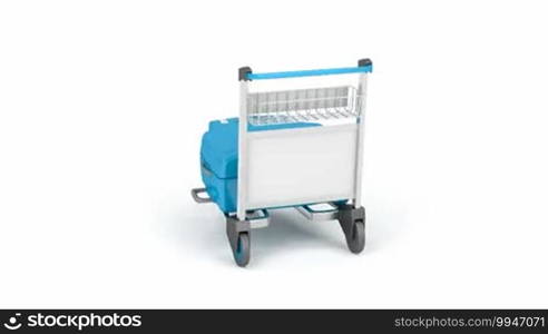 Airport trolley with blue suitcases rotates on white background