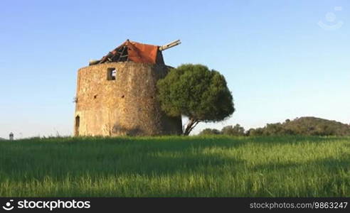 Alte Windmühle aus Backsteinen / Ruine einer Windmühle in einer grünen Wiese; davor ein Baum, im Hintergrund grüne Hügel; blauer Himmel.
Formatted (Translated):
Old brick windmill / Ruin of a windmill in a green meadow; in front of it a tree, in the background green hills; blue sky.