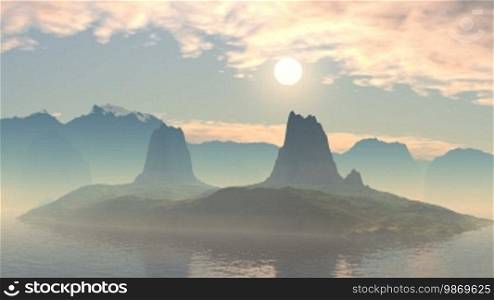 Among the mountain lake is a small island with two vertices. On the horizon, no high mountains. Fog. In the sky slowly floating clouds, the setting sun paints everything in pink. The camera moves to the sun.