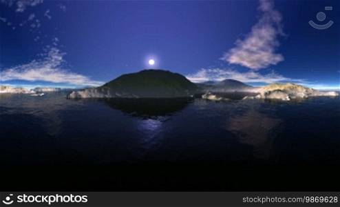 Among the water, far away, is an island. Above it, the bright sun shines on a blue sky with floating clouds. The camera quickly moves away from the island and then approaches the setting sun, which casts a light pink glow on the hills and valleys.