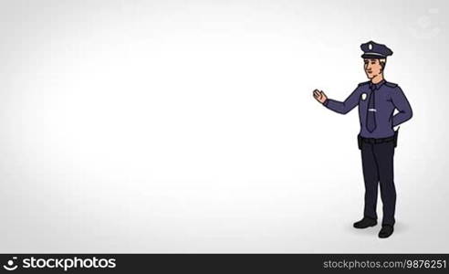 Animated 2D Character: Man dressed in a police uniform and cap (Policeman, Cop, Police, Officer, Patrolman) standing on the side and pointing at the center of the composition. Character in full growth. The character is drawn with a smooth outline. White background. Animation looped.