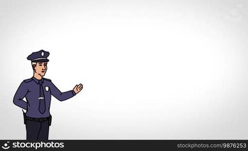 Animated 2D Character: Man dressed in a police uniform and cap (Policeman, Cop, Police, Officer, Patrolman) standing on the side and pointing at the center of the composition. The character is in a medium shot with a smooth outline on a white background. Animation looped.