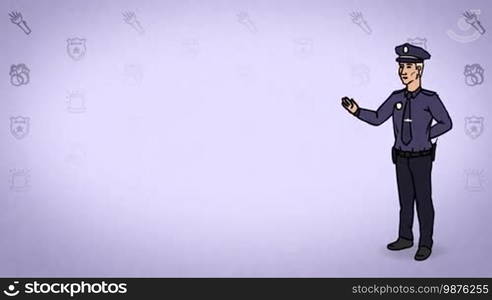 Animated 2D Character Man dressed in a police uniform and cap (Policeman, Cop, Police, Officer, Patrolman) standing on the side and pointing at the center of the composition. Character in full growth. The character is drawn with a curved animated outline. Violet background. Animation looped.