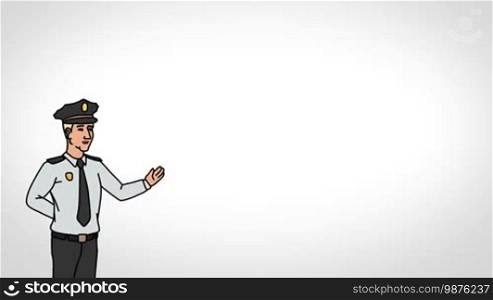 Animated 2D Character: Man dressed in a security uniform and cap (Guard, Watchman, Security guard, Caretaker, Sentinel) standing on the side and pointing at the center of the composition. The character is drawn with a smooth outline. White background. Animation looped.