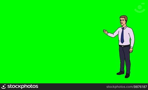 Animated 2D Character: Man dressed in a shirt and tie (Boss, Manager, Salesperson, Secretary, Presenter...) standing on the side and pointing at the center of the composition. Character in full growth. The character is drawn with a smooth outline. Green screen - Chroma key. Animation looped.