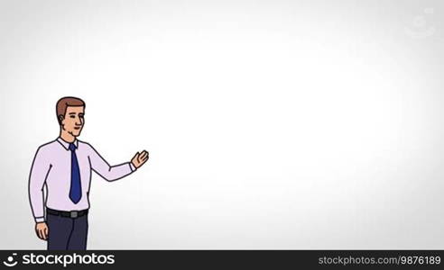 Animated 2D Character: Man dressed in a shirt and tie (Boss, Manager, Salesperson, Secretary, Presenter...) standing on the side and pointing at the center of the composition. The average plan of the character. The character is drawn with a smooth outline. White background. Animation looped.