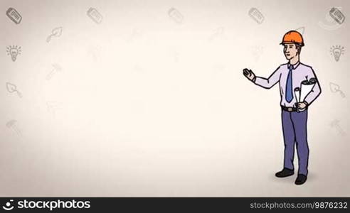 Animated 2D Character: Man dressed in a shirt with a tie and helmet (Engineer, Builder, Architect, Constructor, Foreman, ...) standing on the side and pointing at the center of the composition. Character in full growth. The character is drawn with a curved animated outline. Orange background. Animation looped.