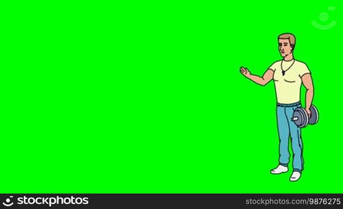 Animated 2D Character: Man dressed in a t-shirt, sports pants, and sneakers (Athlete, Sportsman, Coach, Trainer...) standing on the side and pointing at the center of the composition. Character in full growth. The character is drawn with a smooth outline. Green screen - Chroma key. Animation looped.