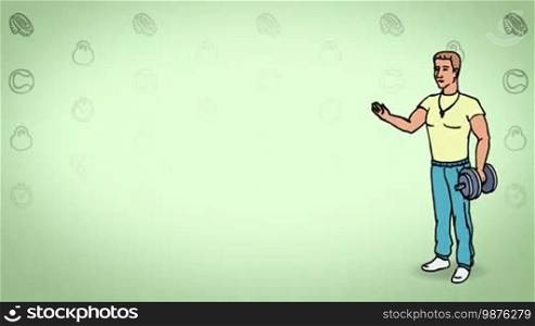 Animated 2D Character: Man dressed in a t-shirt, sports pants, and sneakers (Athlete, Sportsman, Coach, Trainer...) standing on the side and pointing at the center of the composition. Character in full growth. The character is drawn with a curved animated outline. Green background. Animation looped.
