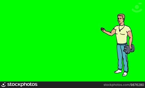 Animated 2D Character Man dressed in a t-shirt, sports pants and sneakers (Athlete, Sportsman, Coach, Trainer...) standing on the side and says pointing at the center of the composition. Character in full growth. The character is drawn with a curved animated outline. Green screen - Chroma key. Animation looped.