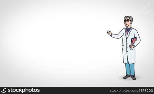 Animated 2D Character Man dressed in a white medical gown (Doctor, Medic, Dentist, Physician, Therapist, Pharmacist, Scientist, Researcher...) standing on the side and says pointing at the center of the composition. Character in full growth. The character is drawn with a smooth outline. White background. Animation looped.