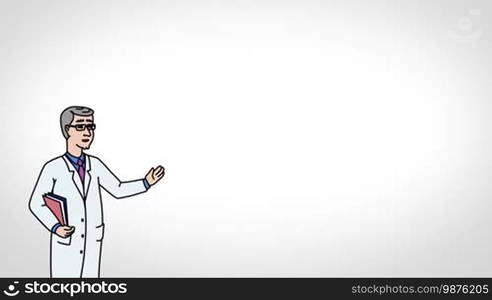 Animated 2D Character Man dressed in a white medical gown (Doctor, Medic, Dentist, Physician, Therapist, Pharmacist, Scientist, Researcher) standing on the side and says pointing at the center of the composition. The average plan of the character. The character is drawn with a smooth outline. White background. Animation looped.