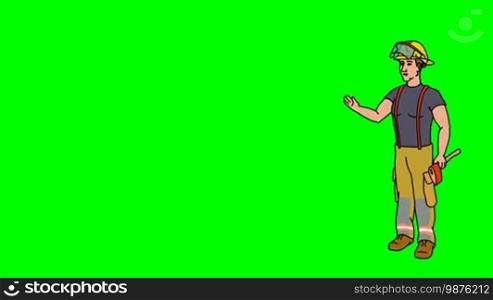 Animated 2D Character: Man dressed in overalls and a protective helmet (Fireman, Firefighter, Rescuer, Emergency) standing on the side and pointing at the center of the composition. Character in full growth. The character is drawn with a smooth outline. Green screen - Chroma key. Animation looped.