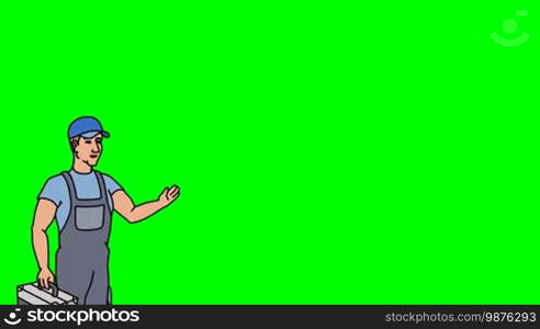Animated 2D Character: Man dressed in overalls with a toolbox (Worker, plumber, mechanic, technician) standing on the side and pointing at the center of the composition. Average shot of the character. The character is drawn with a smooth outline. Green screen - Chroma key. Animation looped.