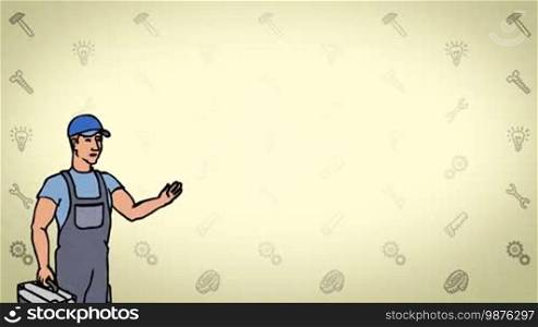 Animated 2D Character: Man dressed in overalls with a toolbox (Worker, plumber, mechanic, technician) standing on the side and pointing at the center of the composition. The character is in an average plan, drawn with a curved animated outline. Yellow background. Animation looped.