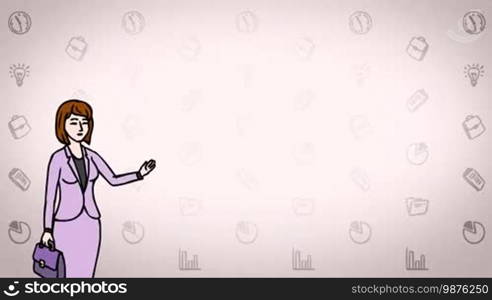 Animated 2D Character Woman dressed in a coat and skirt (Office worker, Secretary, supervisor, headmistress, Teacher...) standing on the side and says pointing at the center of the composition. The average plan of the character. The character is drawn with a curved animated outline. Pink background. Animation looped.