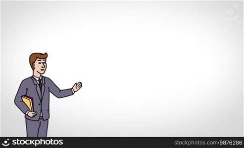 Animated 2D Character: Young man dressed in a suit (Student, Learner, Pupil) standing on the side and pointing at the center of the composition. The character is drawn with a smooth outline. White background. Animation looped.