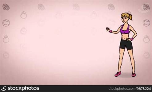 Animated 2D Character: Young woman dressed in a sports top, leggings, and sneakers (Sportswoman, fitness instructor, yoga instructor, athlete, gymnast, runner...) standing on the side and pointing at the center of the composition. Character in full growth. The character is drawn with a curved animated outline. Pink background. Animation looped.