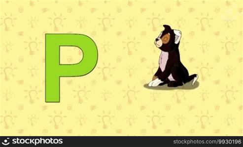 Animated English ZOO alphabet. Letter P and word Puppy.